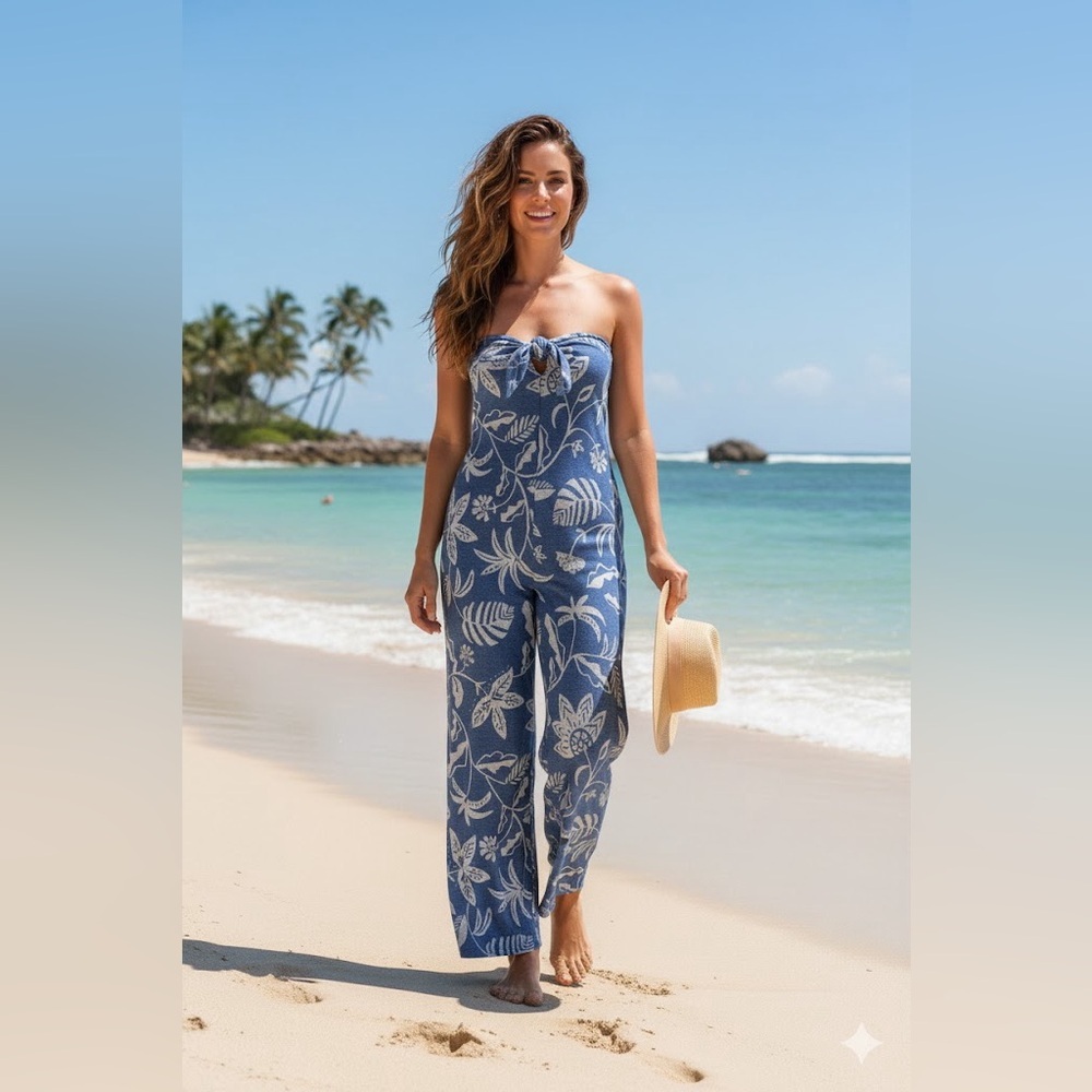 American Eagle Outfitters Blue And White Tropical Jumpsuit